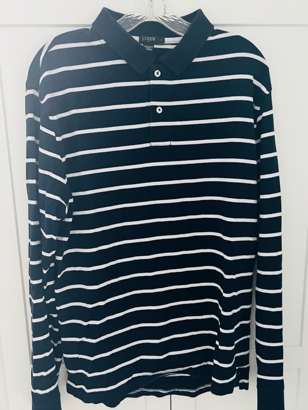 J. Crew Navy and White Striped Long-Sleeve Polo 100% cotton Men’s L Fisherman
